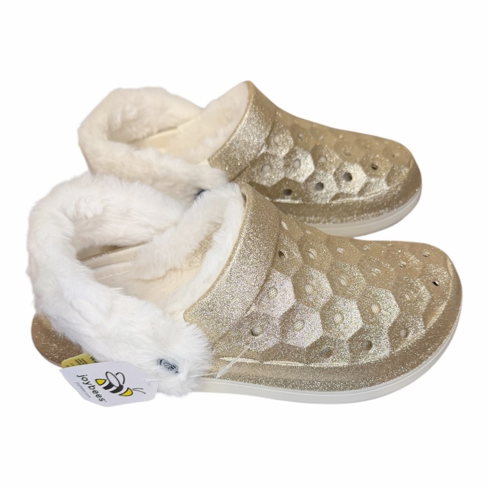 NEW Joybees Gold Glitter Sparkly Clogs Slip On Shoes Lined W/ Faux Fur